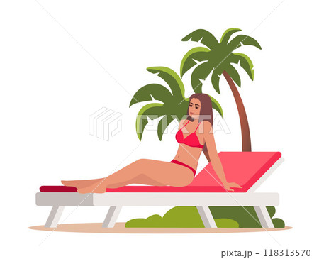 Woman dressed in swimsuit sunbathing on the beach. Girl on sun bed. Vector illustration. Woman dressed in swimsuit sunbathing on the beach. Girl on sun bed. Vector illustration. 118313570