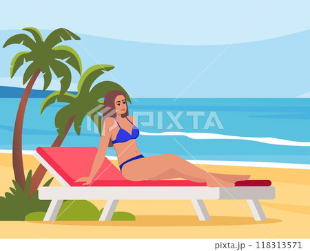 Woman dressed in swimsuit sunbathing on the beach. Girl on sun bed. Vector illustration. Woman dressed in swimsuit sunbathing on the beach. Girl on sun bed. Vector illustration. 118313571