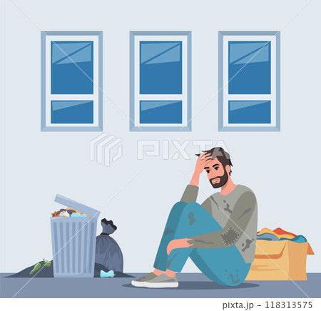 Homeless man holding banner Help. Bum in ragged clothes sitting on ground begging money. Unemployed character asking support in trouble situation, begging. Vector illustration. Homeless man holding banner Help. Bum in ragged clothes sitting on ground begging money. Unemployed character asking support in trouble situation, begging. Vector illustration. 118313575