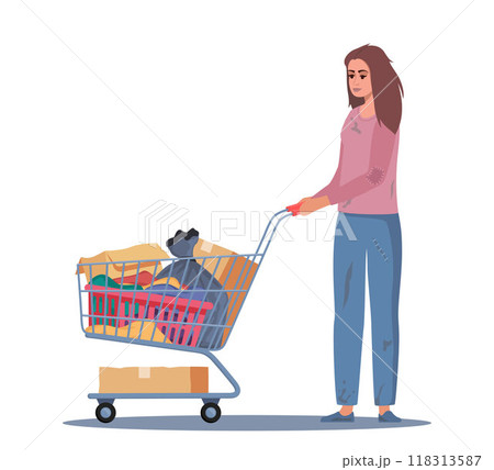 Homeless woman pushing trolley cart with belongings. Girl walking street begging for help. Beggar. Vector illustration. Homeless woman pushing trolley cart with belongings. Girl walking street begging for help. Beggar. Vector illustration. 118313587