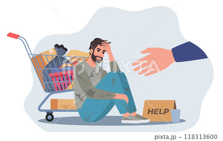 Hand reaching towards upset homeless man in ragged clothes sitting on ground. Person helping sad poor character. Poverty, support concept. Vector illustration. Hand reaching towards upset homeless man in ragged clothes sitting on ground. Person helping sad poor character. Poverty, support concept. Vector illustration. 118313600