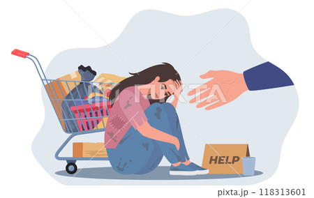 Hand reaching towards upset homeless woman in ragged clothes sitting on ground. Person helping sad poor character. Poverty, support concept. Vector illustration. 118313601