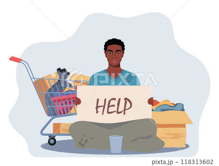 Homeless black man holding banner Help. Trolley cart with belongings near. Bum in ragged clothes sitting on ground begging money. Unemployed character asking support, begging. Vector illustration. Homeless black man holding banner Help. Trolley cart with belongings near. Bum in ragged clothes sitting on ground begging money. Unemployed character asking support, begging. Vector illustration. 118313602