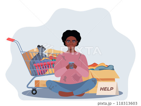 Homeless black woman holding banner Help. Trolley cart with belongings near. Bum in ragged clothes sitting on ground begging money. Unemployed character asking support, begging. Vector illustration. Homeless black woman holding banner Help. Trolley cart with belongings near. Bum in ragged clothes sitting on ground begging money. Unemployed character asking support, begging. Vector illustration. 118313603