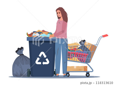 Homeless vagrant person looking for food and things in dirty trash can. Ragged vagabond. Homeless woman with trolley cart full of belongings. Girl walking street begging for help. Beggar. Vector. Homeless vagrant person looking for food and things in dirty trash can. Ragged vagabond. Homeless woman with trolley cart full of belongings. Girl walking street begging for help. Beggar. Vector. 118313610