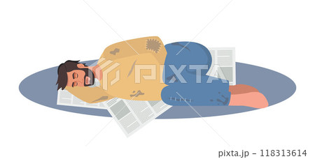 Homeless poor man sleeping on street floor, needy guy lying on newspapers. Vector illustration. 118313614