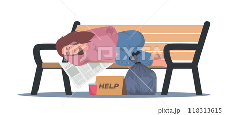 Poor bum female character in dirty ragged clothes sleeping on bench. Woman pauper live on street outdoors. Homeless people concept. Vector Illustration. Poor bum female character in dirty ragged clothes sleeping on bench. Woman pauper live on street outdoors. Homeless people concept. Vector Illustration. 118313615