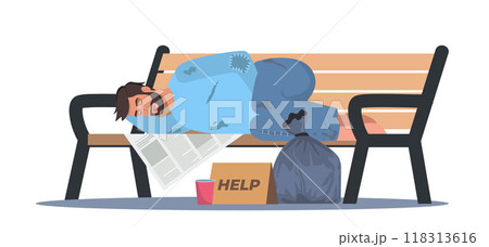 Poor bum male character in dirty ragged clothes sleeping on bench. Man pauper live on street outdoors. Homeless people concept. Vector Illustration. Poor bum male character in dirty ragged clothes sleeping on bench. Man pauper live on street outdoors. Homeless people concept. Vector Illustration. 118313616