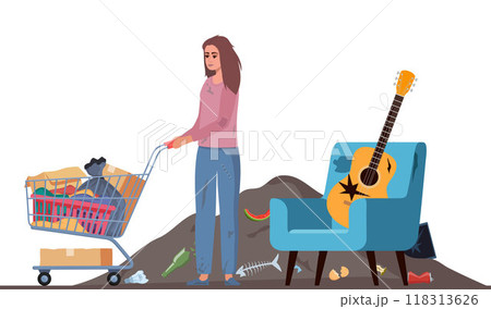 Homeless vagrant person looking for things in a landfill. Ragged vagabond. Homeless woman with trolley cart full of belongings. Beggar on dump. Vector. 118313626