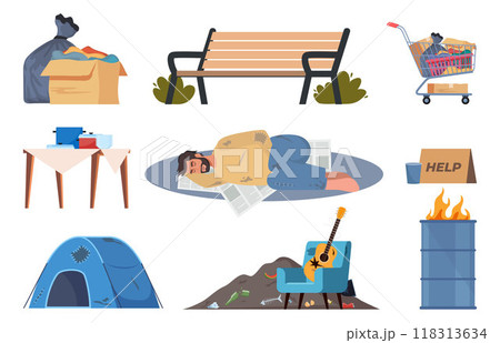 Homeless People live on the street, set of elements. Beggar character need help and work, sleeping on street, wearing ragged clothing, pick up garbage. Vector Illustration. 118313634