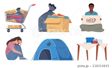 Homeless People live on the street, set of elements. Beggar character need help and work, sleeping on street, wearing ragged clothing, pick up garbage. Vector Illustration. Homeless People live on the street, set of elements. Beggar character need help and work, sleeping on street, wearing ragged clothing, pick up garbage. Vector Illustration. 118313635