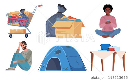 Homeless People live on the street, set of elements. Beggar character need help and work, sleeping on street, wearing ragged clothing, pick up garbage. Vector Illustration. 118313636