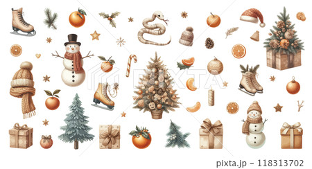 Merry Christmas watercolor set of traditional decor and elements. Elements of a Christmas mood on a white background. 118313702