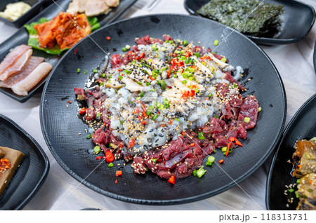 korean style raw beef octopus slice 118313731