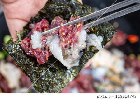 korean style raw beef octopus slice 118313745