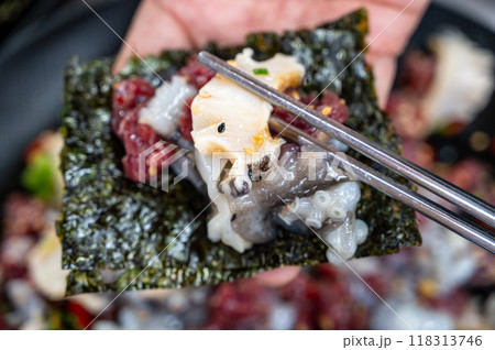 korean style raw beef octopus slice 118313746