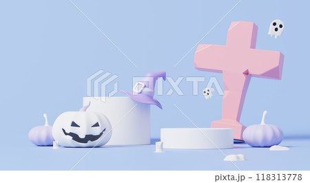 3D render, Halloween scene with display podium for showing product decorate with minimal spooky element pumpkin, grave and ghost on purple background. 118313778
