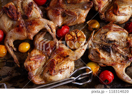 grilled quail meat, on a platter, tobacco, in the oven, with spices, homemade, without people, grilled quail meat, on a platter, tobacco, in the oven, with spices, homemade, without people, 118314020