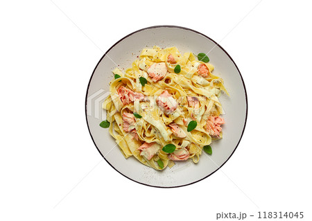tagliatelle pasta, in cream sauce with salmon, homemade, no people, isolate, on a white background, tagliatelle pasta, in cream sauce with salmon, homemade, no people, isolate, on a white background, 118314045