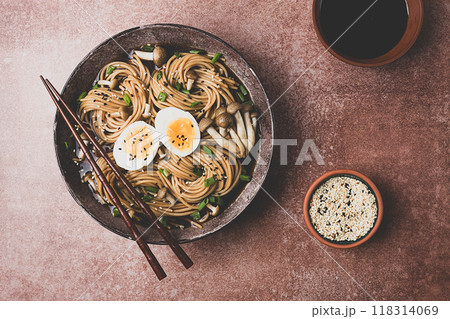 buckwheat noodles, soba, with shimeji mushrooms, boiled egg, green onion, homemade, no people, buckwheat noodles, soba, with shimeji mushrooms, boiled egg, green onion, homemade, no people, 118314069