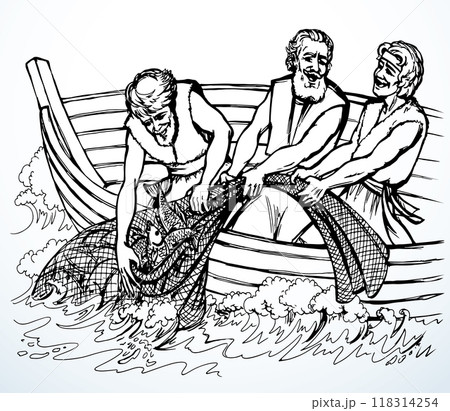 Vector drawing. Three men in the boat Vector drawing. Three men in the boat 118314254