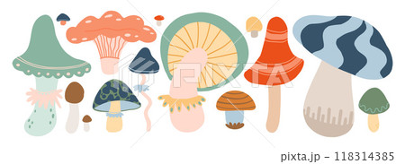 A variety of whimsical mushrooms in different colors and shapes. Ideal for nature-themed designs, forest art, fantasy illustrations, and organic, botanical visuals 118314385