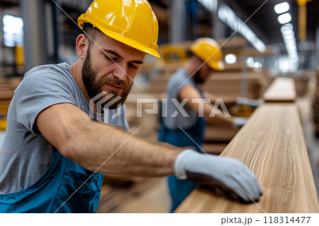Carpenter wearing a hard hat and gloves inspects a wooden plank 118314477
