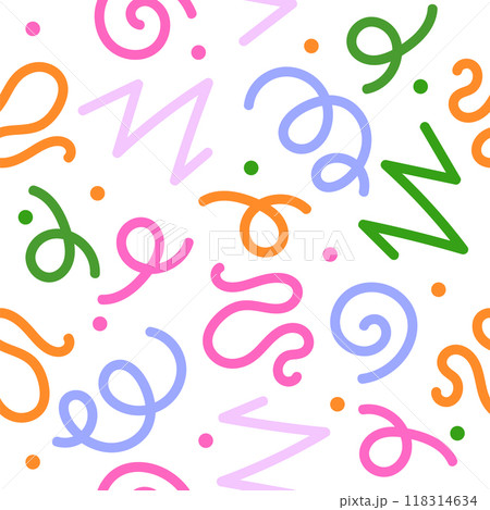 Simple childish scribble backdrop. Colorful line doodle seamless pattern. Creative minimalist style art background for children or trendy design 118314634