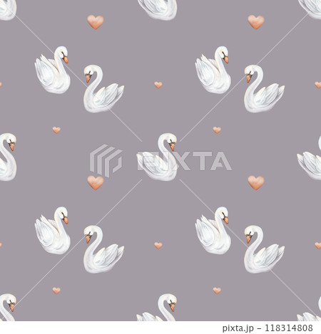 Watercolor seamless pattern with couple of cute swans in love. Hand painted illustration isolated on grey violet background. For textile of white pastel colors bird and red hearts. 118314808