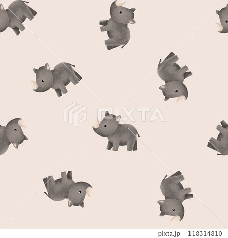 Seamless pattern with cartoon animal for kids design . Hand drawn illustration of rhinoceros on isolated background. Minimalist scandinavian style. Cute Africa and Asia animal 118314810