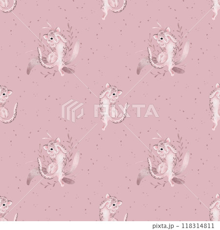 Seamless pattern with childish illustration of a pink leopard with branch leaves. Hand drawn watercolor illustration on isolated background. Baby animal for baby design in minimalist style. 118314811