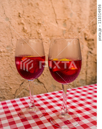 Two glasses of Sangria on a table 118314956