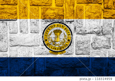 Flag of the city of San Jose, California, USA, on a background of the stone wall. Conceptual collage 118314959