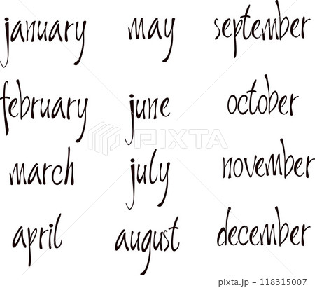 Set Vector Lettering 12 Months. Collection handwritten modern black outline. English name of the month year. 118315007