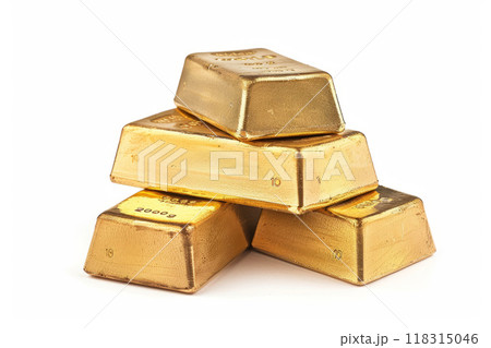 Pile of gold bars. Gleaming stack of gold bars isolated on white background 118315046
