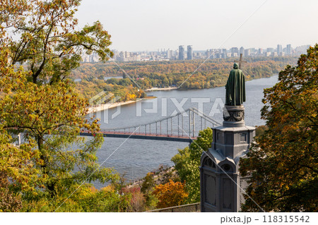 View of the Dnieper River and the monument to the Holy Grand Duke of Kiev Vladimir the Great View of the Dnieper River and the monument to the Holy Grand Duke of Kiev Vladimir the Great 118315542