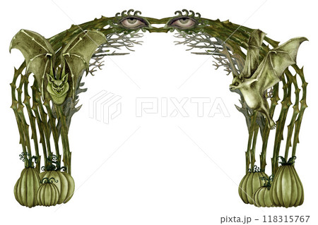 Green Halloween frame with pumpkins, thorny branches, eyes, attacking, flying bats. Monochrome watercolor illustration template for invitations, menus, advertising, cards, postcards for Halloween 118315767