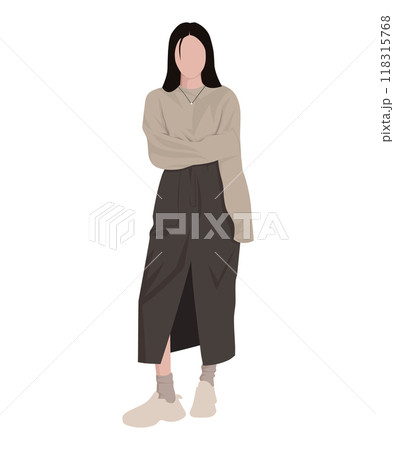 Vector illustration of a woman in a light beige sweater and a dark skirt. Modern femininity 118315768