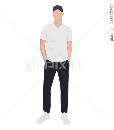 Vector illustration on a white background. A man in a white t-shirt and black pants. Minimalist style. 118315769