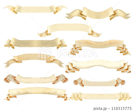Set of beige ribbon banner elements for super length texts or logo. Watercolor illustration of a vintage scroll, manuscript. Rolled paper banner templates in pastel beige and brown colors 118315773