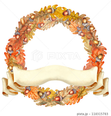 Wreath of autumn orange, brown oak leaves, acorns with banner. Watercolor illustration of drawn round frame template. Texture of natural foliage, acorns for harvest festival, Thanksgiving, Halloween Wreath of autumn orange, brown oak leaves, acorns with banner. Watercolor illustration of drawn round frame template. Texture of natural foliage, acorns for harvest festival, Thanksgiving, Halloween 118315783