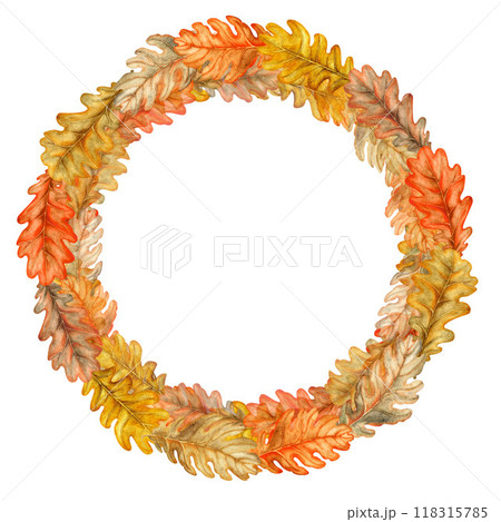 Wreath of autumn colorful orange, brown oak leaves. Watercolor illustration of hand drawn round frame template. Texture of natural foliage, acorns for harvest festival, Thanksgiving, Halloween Wreath of autumn colorful orange, brown oak leaves. Watercolor illustration of hand drawn round frame template. Texture of natural foliage, acorns for harvest festival, Thanksgiving, Halloween 118315785
