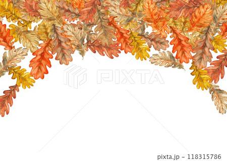 Frame with a border of autumn oak leaves. Watercolor botanical illustration. Template with foliage 118315786
