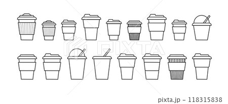 Coffee cup line and flat style. Disposable coffee cup. Coffee paper cup container for hot and cold drink juice tea cocoa. Vector Coffee cup line and flat style. Disposable coffee cup. Coffee paper cup container for hot and cold drink juice tea cocoa. Vector 118315838
