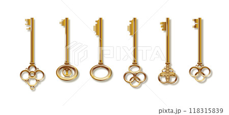 Key 3d realistic golden old vintage. Old luxury escape room keys. Vector Key 3d realistic golden old vintage. Old luxury escape room keys. Vector 118315839