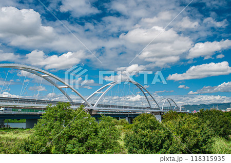 淀川に架かる大阪モノレールの鉄橋と鳥飼大橋 118315935
