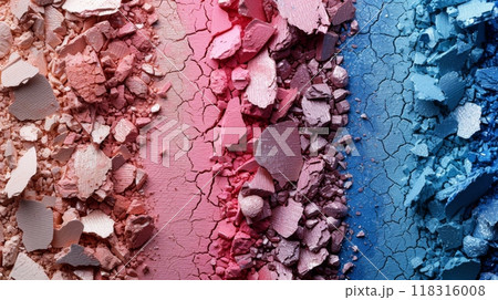 Crushed eyeshadows in vibrant blue and pink shades creating a colorful, textured pattern 118316008
