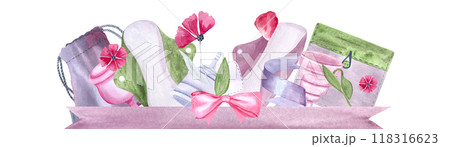 A menstrual cup, a period pad, a fabric pouch ribbons petals watercolor banner isolated on white. Great for eco-friendly menstrual care design, cards, advertisement, packaging, websites. Sustainable 118316623