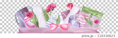 A menstrual cup, a period pad, a fabric pouch ribbons petals watercolor banner isolated on white. Great for eco-friendly menstrual care design, cards, advertisement, packaging, websites. Sustainable 118316623