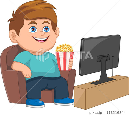 fat boy watching television while holding popcorn fat boy watching television while holding popcorn 118316844